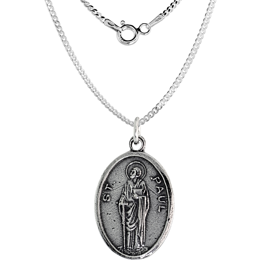 Sterling Silver St Paul Medal Necklace Oxidized finish Oval 1.8mm Chain