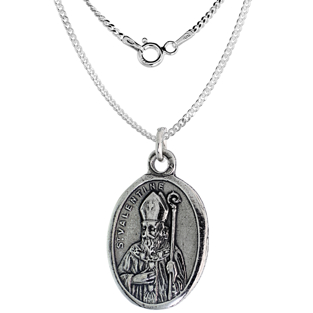 Sterling Silver St Valentine Medal Necklace Oxidized finish Oval 1.8mm Chain