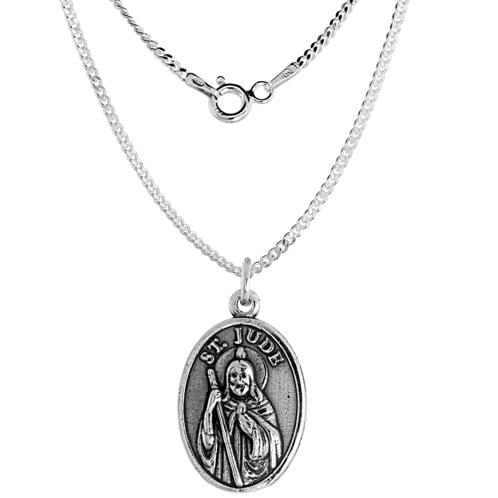 Sterling Silver St Jude Medal Necklace Oxidized finish Oval 1.8mm Chain