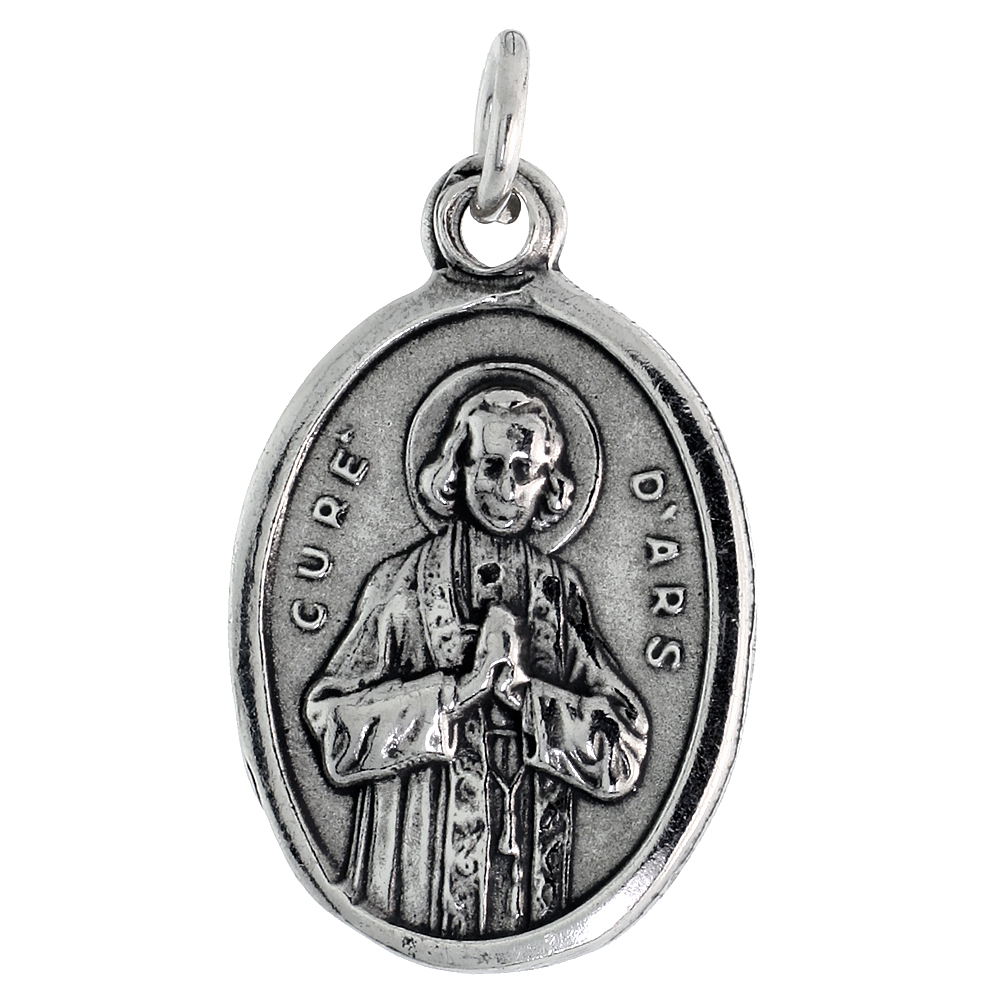 STERLING SILVER ST JOHN VIANNEY MEDAL NECKLACE OXIDIZED FINISH OVAL 1.8MM CHAIN