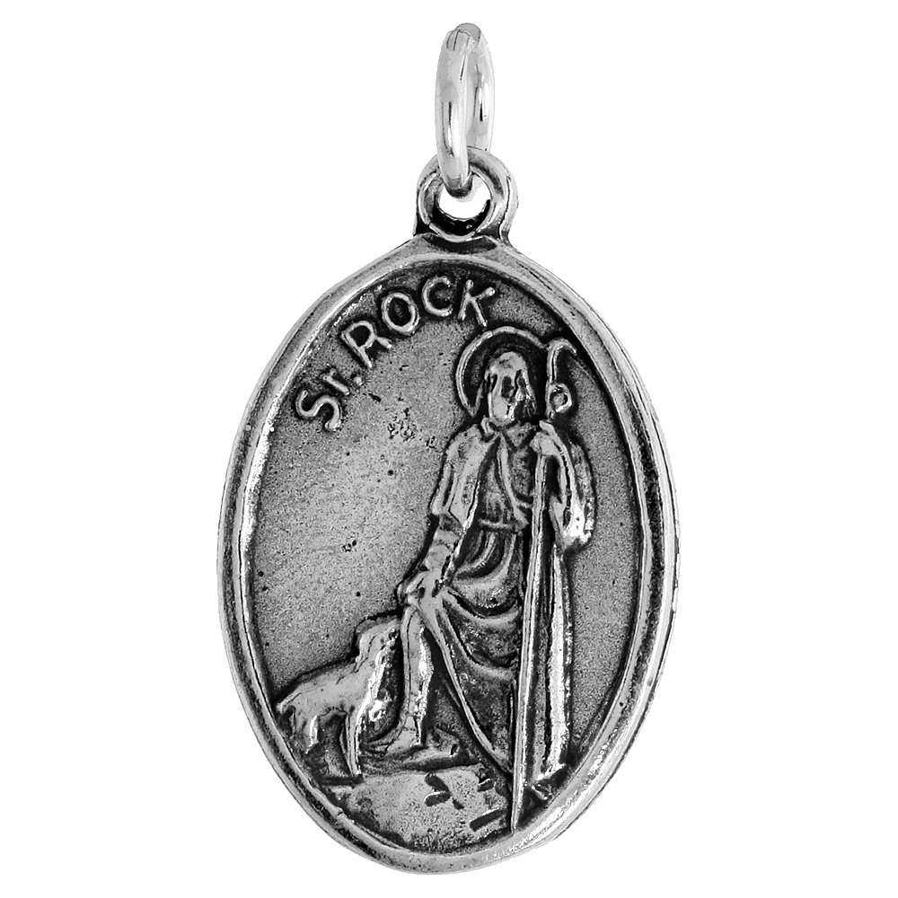 STERLING SILVER ST ROCK (ST ROCH) MEDAL NECKLACE OXIDIZED FINISH OVAL 1.8MM CHAIN