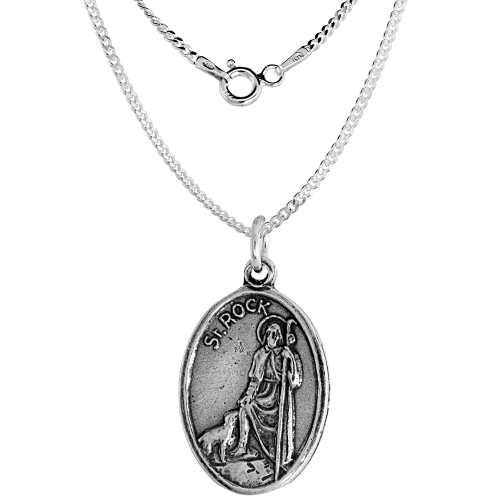 Sterling Silver St Rock (St Roch) Medal Necklace Oxidized finish Oval 1.8mm Chain