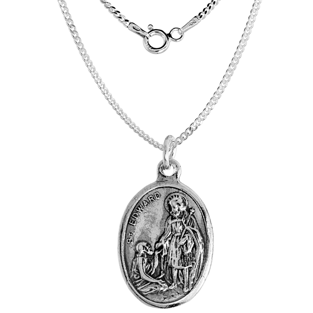Sterling Silver St Edward Medal Necklace Oxidized finish Oval 1.8mm Chain
