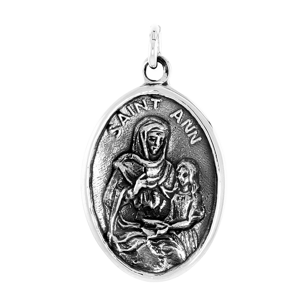 STERLING SILVER SAINT ANN MEDAL NECKLACE OXIDIZED FINISH OVAL 1.8MM CHAIN