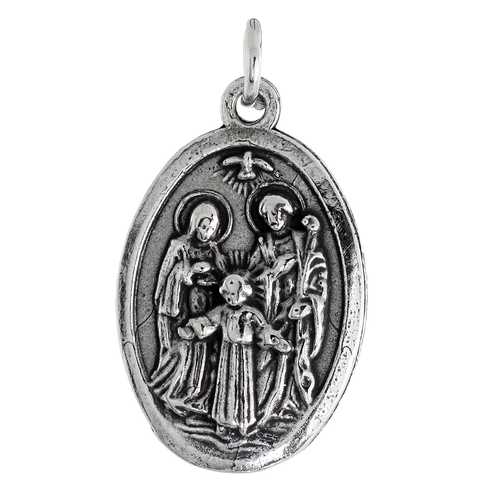STERLING SILVER HOLY FAMILY MEDAL NECKLACE OXIDIZED FINISH ST JOSEPH BLESSED VIRGIN MARY & CHRIST OVAL 1.8MM CHAIN