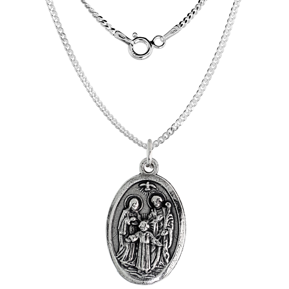 Sterling Silver Holy Family Medal Necklace Oxidized finish St Joseph Blessed Virgin Mary & Christ Oval 1.8mm Chain