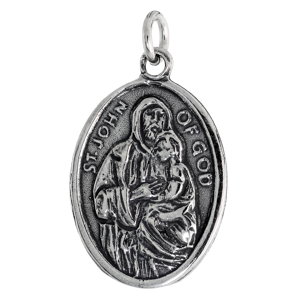 STERLING SILVER ST JOHN OF GOD SAN JUAN DE DIOS MEDAL NECKLACE OXIDIZED FINISH OVAL 1.8MM CHAIN