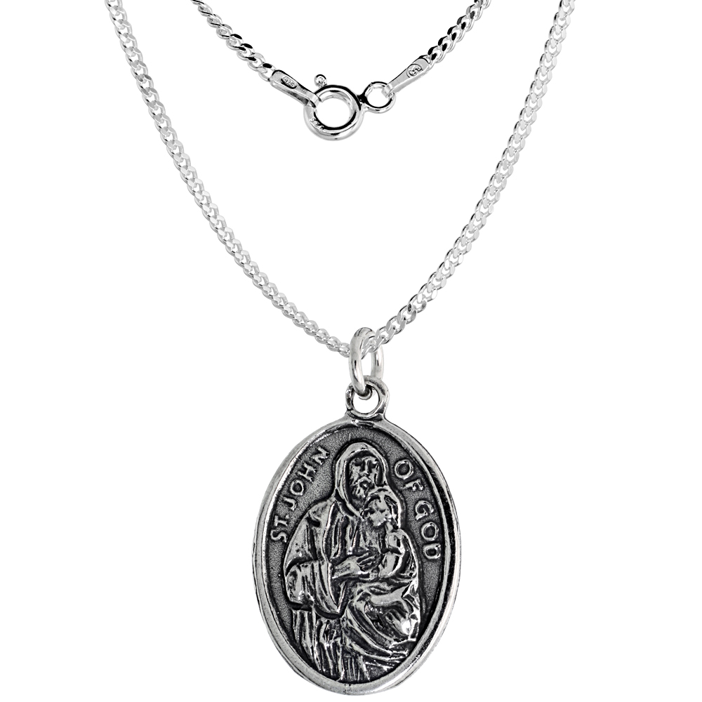Sterling Silver St John of God San Juan de Dios Medal Necklace Oxidized finish Oval 1.8mm Chain