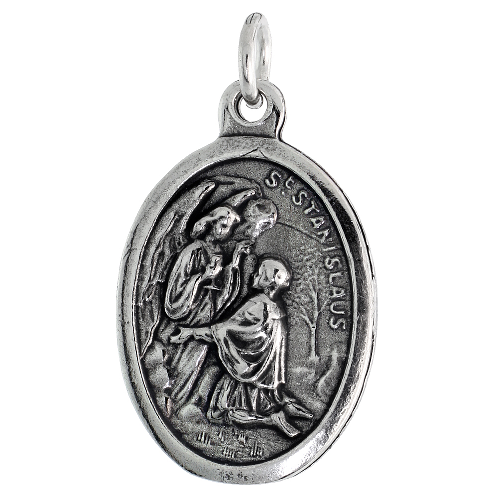 STERLING SILVER ST STANISLAUS SZCZEPANOWSKI MEDAL NECKLACE OXIDIZED FINISH OVAL 1.8MM CHAIN