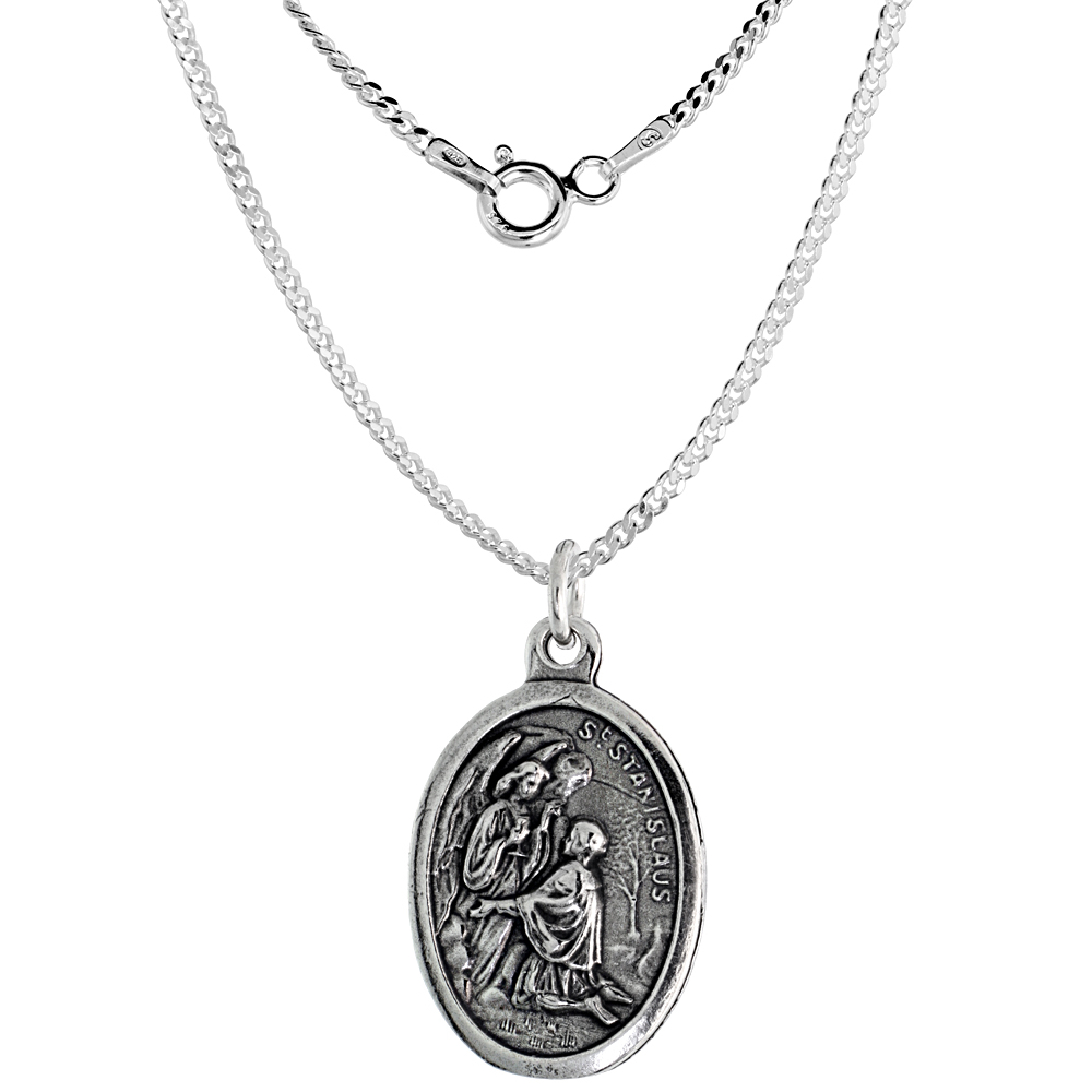 Sterling Silver St Stanislaus Szczepanowski Medal Necklace Oxidized finish Oval 1.8mm Chain