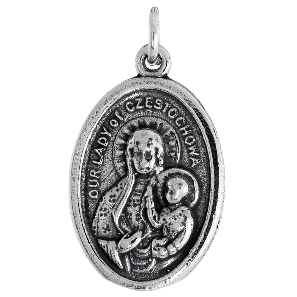 STERLING SILVER OUR LADY OF CZESTOCHOWA JOANNES PAULUS II MEDAL NECKLACE OXIDIZED FINISH OVAL 1.8MM CHAIN