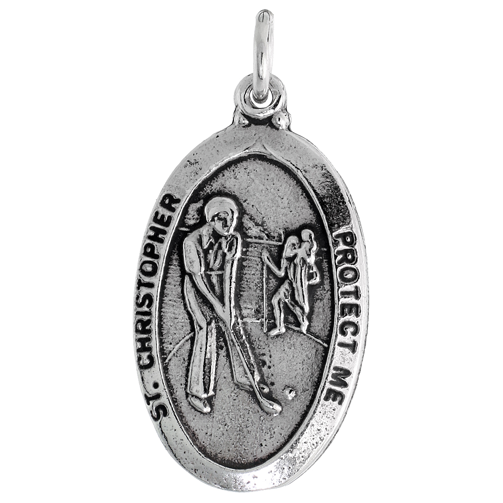 STERLING SILVER ST CHRISTOPHER MEDAL NECKLACE OXIDIZED FINISH FOR GOLF PLAYERS OVAL 1.8MM CHAIN