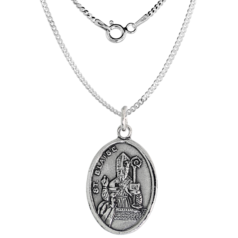 Sterling Silver St Blaise Medal Necklace Oxidized finish Oval 1.8mm Chain