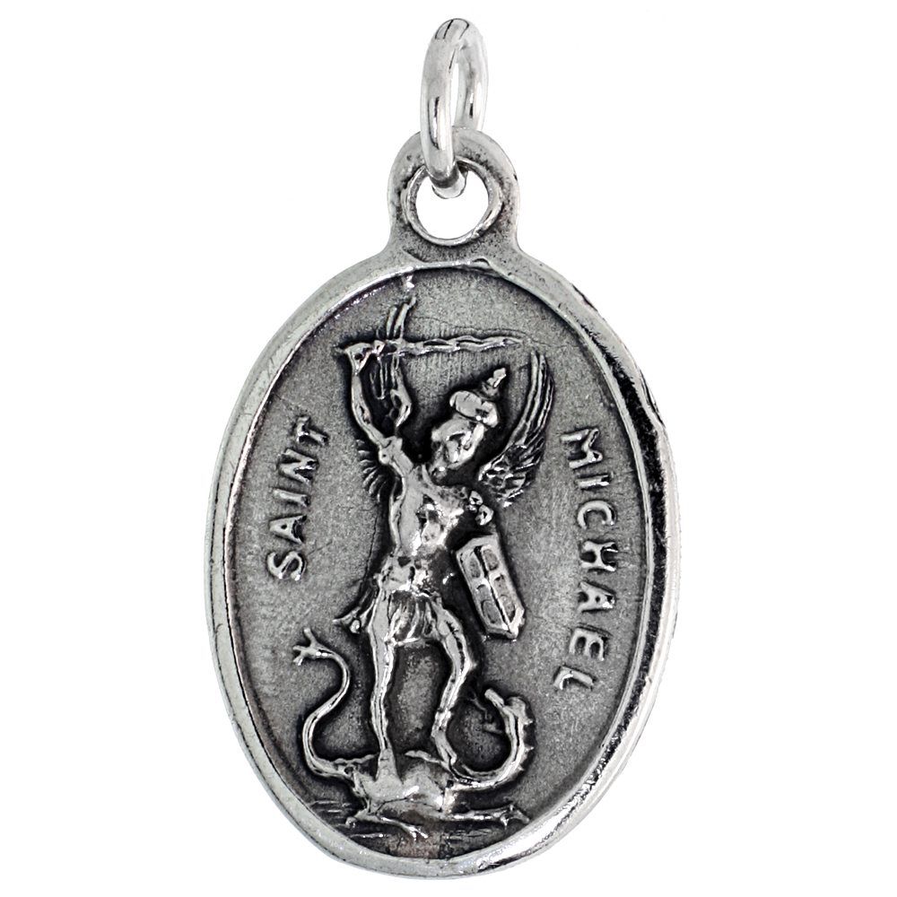 STERLING SILVER ST MICHAEL MEDAL NECKLACE OXIDIZED FINISH OVAL 1.8MM CHAIN
