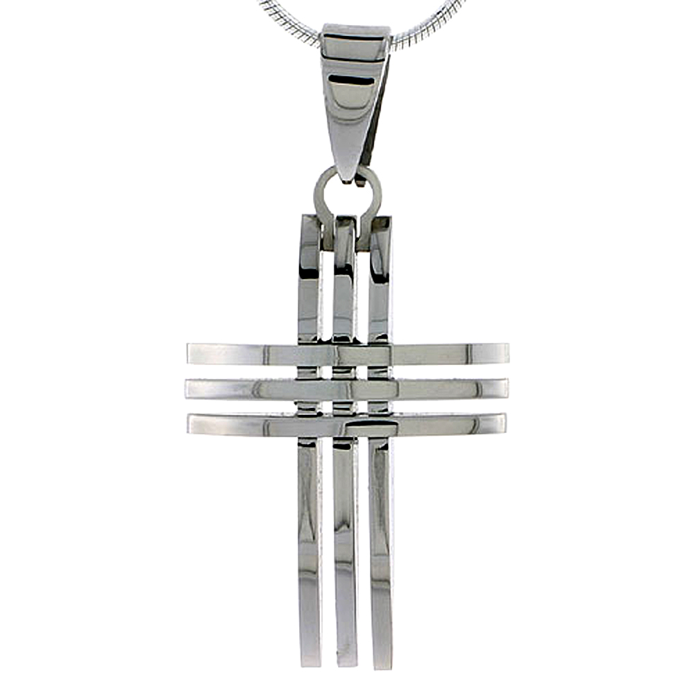STAINLESS STEEL 3-BAR CROSS NECKLACE 1 1/4 INCH TALL, W/ 30 INCH CHAIN