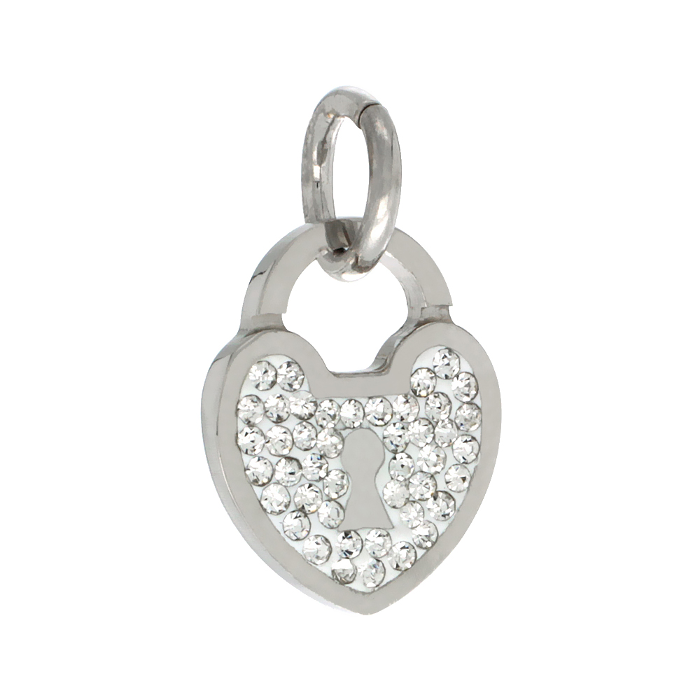 Sterling Silver Padlock Heart Charm with Swarovski Crystals, 3/4 inch long