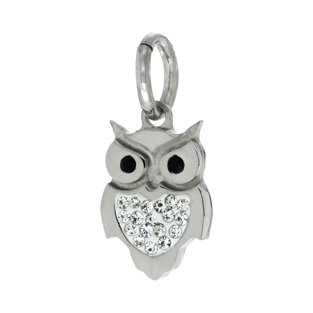 Sterling Silver Owl Charm with Swarovski Crystals, 13/16 inch long