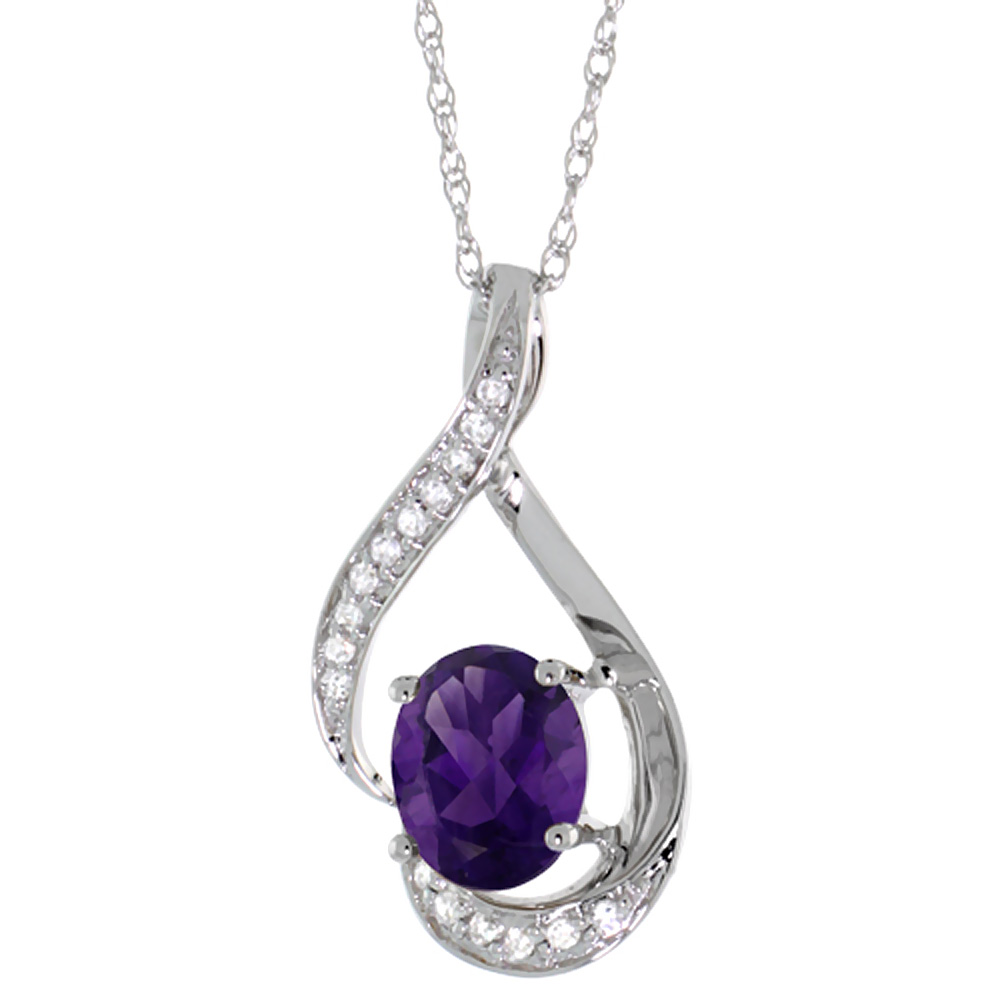 14K White Gold Diamond Natural Amethyst Necklace Oval 7x5 mm, 18 inch long