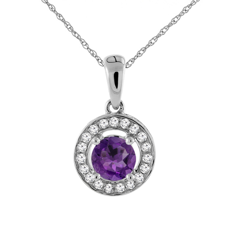 14K WHITE GOLD NATURAL AMETHYST NECKLACE WITH DIAMOND HALO ROUND 5 MM