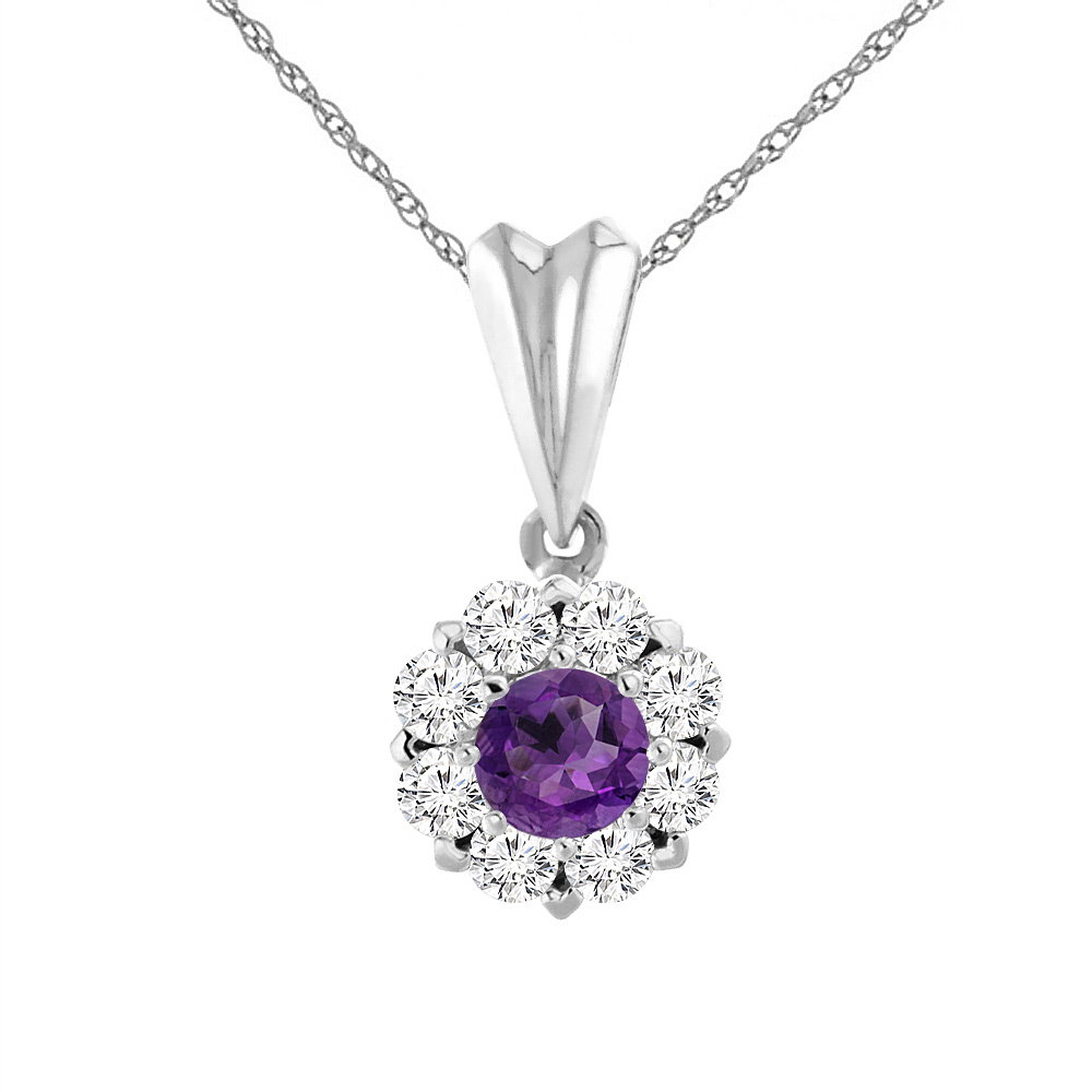 14K White Gold Natural Amethyst Necklace with Diamond Halo Round 6 mm
