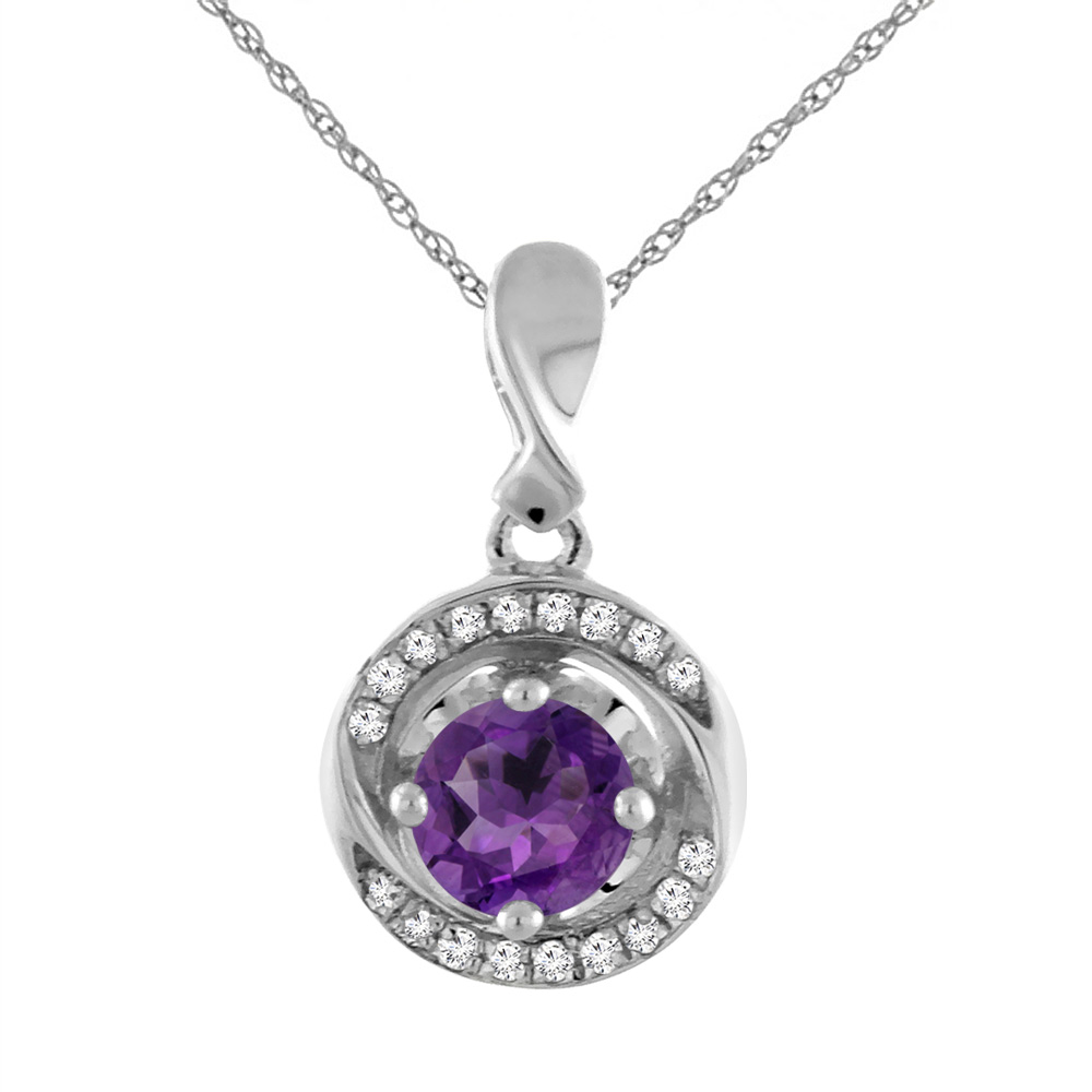 14K White Gold Natural Amethyst Necklace with Diamond Accents Round 4 mm