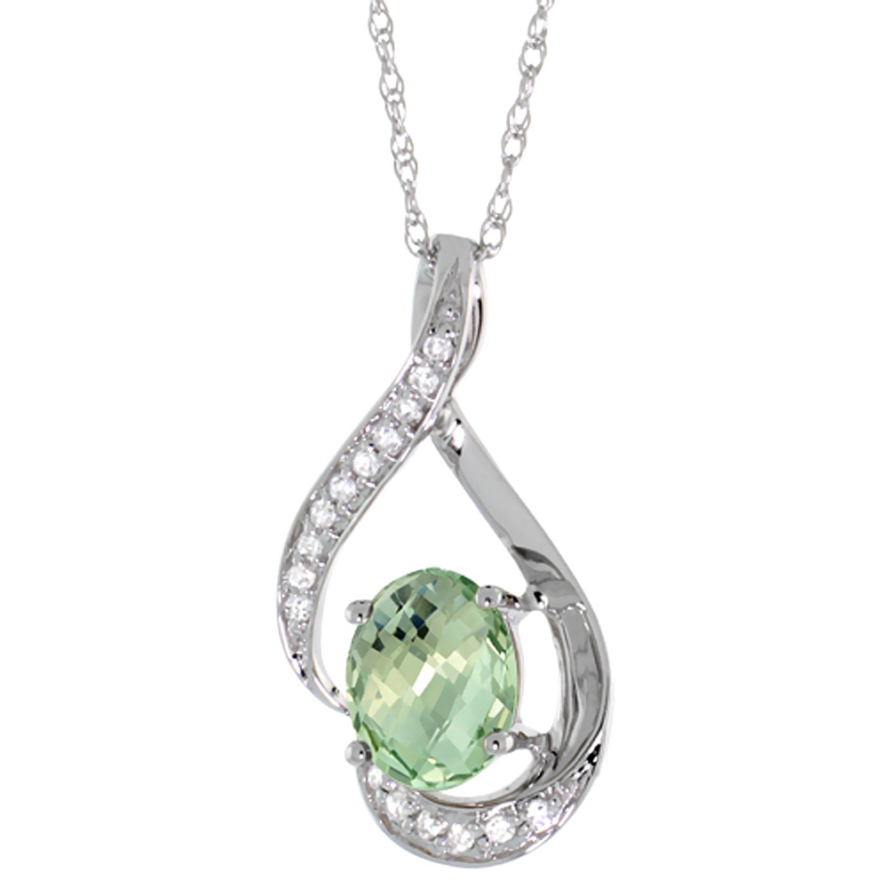 14K WHITE GOLD DIAMOND NATURAL GREEN AMETHYST NECKLACE OVAL 7X5 MM, 18 INCH LONG
