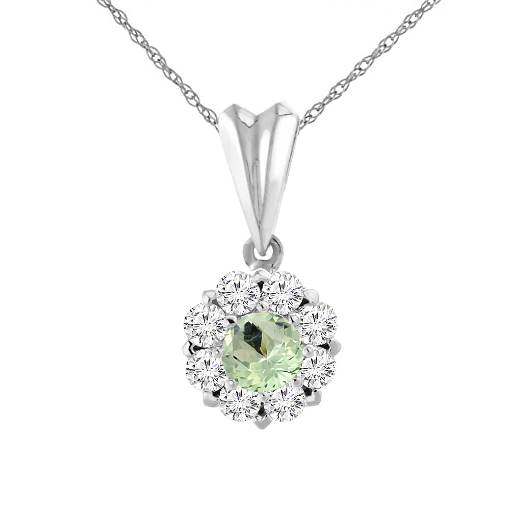 14K WHITE GOLD NATURAL GREEN AMETHYST NECKLACE WITH DIAMOND HALO ROUND 6 MM