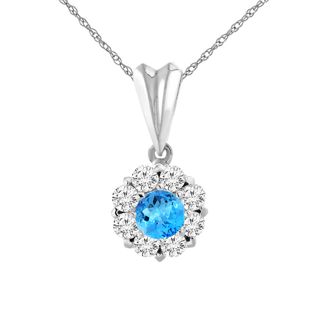 14K WHITE GOLD NATURAL SWISS BLUE TOPAZ NECKLACE WITH DIAMOND HALO ROUND 4 MM