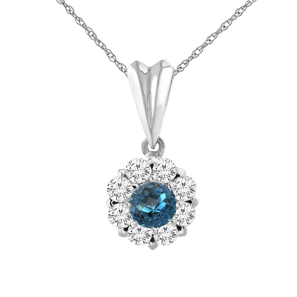 14K WHITE GOLD NATURAL LONDON BLUE TOPAZ NECKLACE WITH DIAMOND HALO ROUND 4 MM
