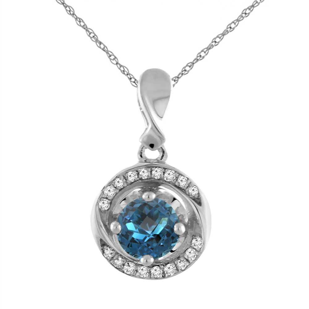 14K White Gold Natural London Blue Topaz Necklace with Diamond Accents Round 4 mm