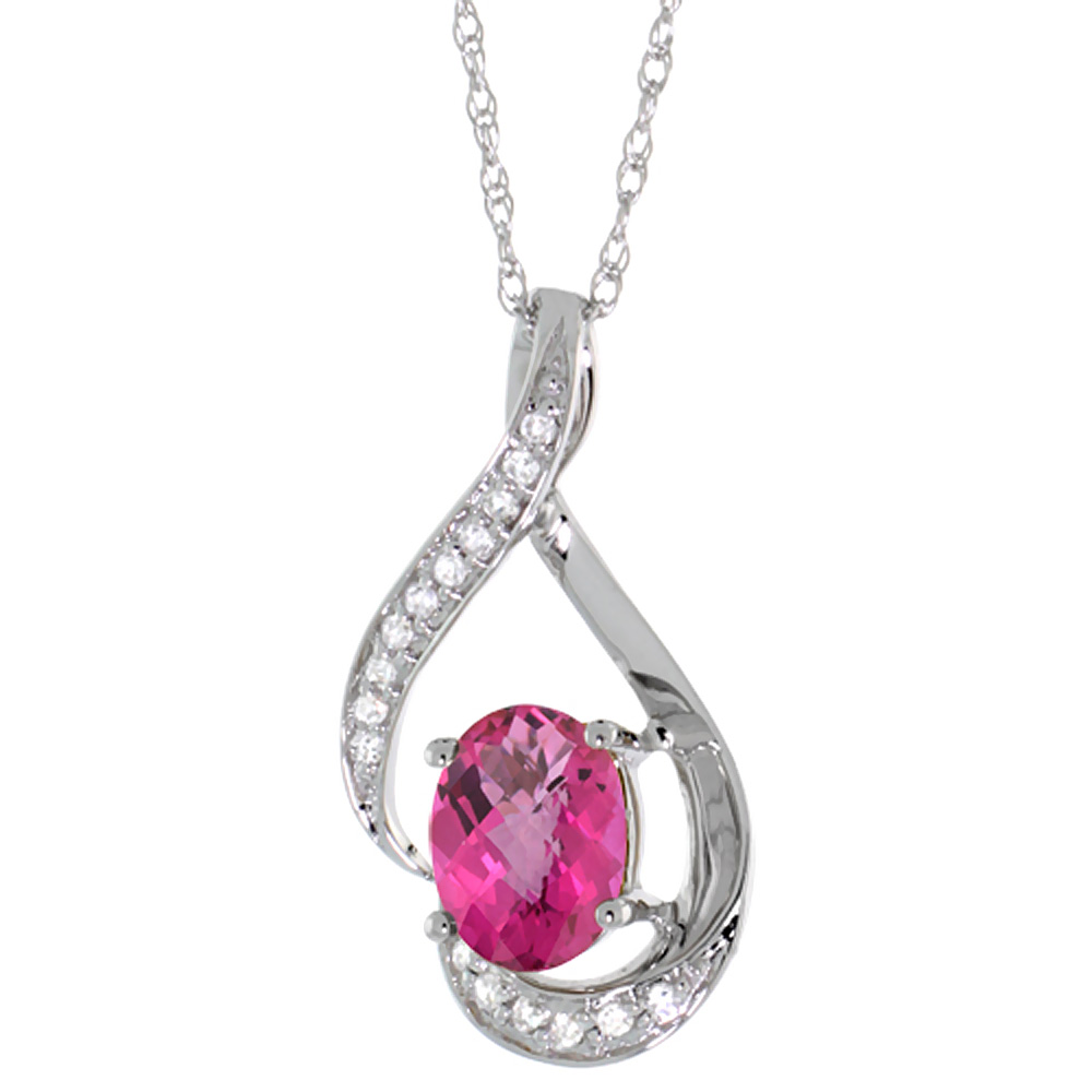 14K WHITE GOLD DIAMOND NATURAL PINK SAPPHIRE NECKLACE OVAL 7X5 MM, 18 INCH LONG