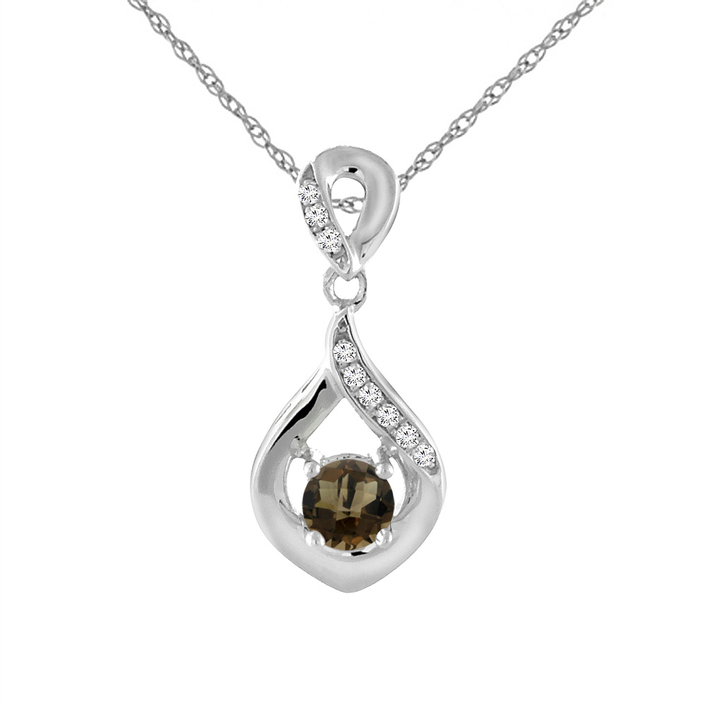 14K WHITE GOLD NATURAL SMOKY TOPAZ NECKLACE WITH DIAMOND ACCENTS ROUND 4 MM