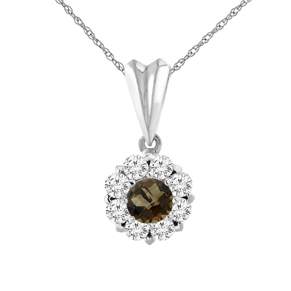 14K WHITE GOLD NATURAL SMOKY TOPAZ NECKLACE WITH DIAMOND HALO ROUND 4 MM