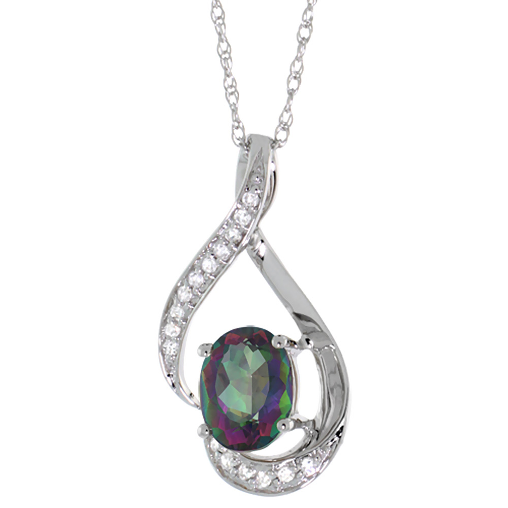 14K WHITE GOLD DIAMOND NATURAL MYSTIC TOPAZ NECKLACE OVAL 7X5 MM, 18 INCH LONG