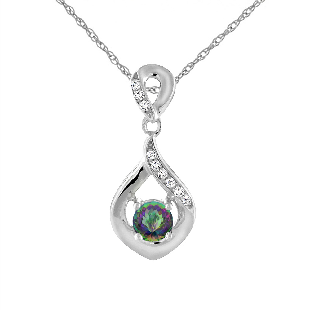 14K White Gold Natural Mystic Topaz Necklace with Diamond Accents Round 4 mm