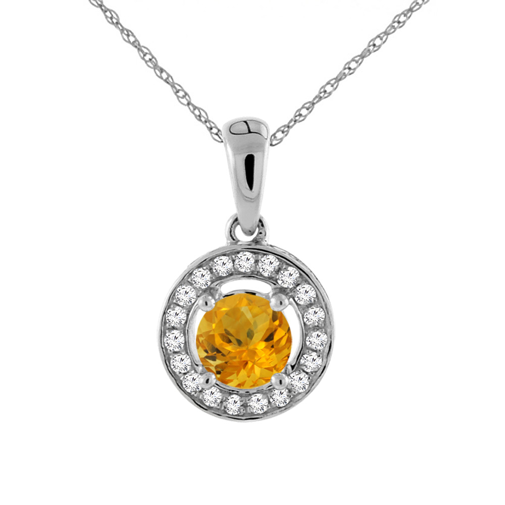 14K WHITE GOLD NATURAL CITRINE NECKLACE WITH DIAMOND HALO ROUND 5 MM