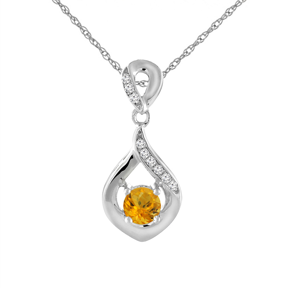 14K WHITE GOLD NATURAL CITRINE NECKLACE WITH DIAMOND ACCENTS ROUND 4 MM