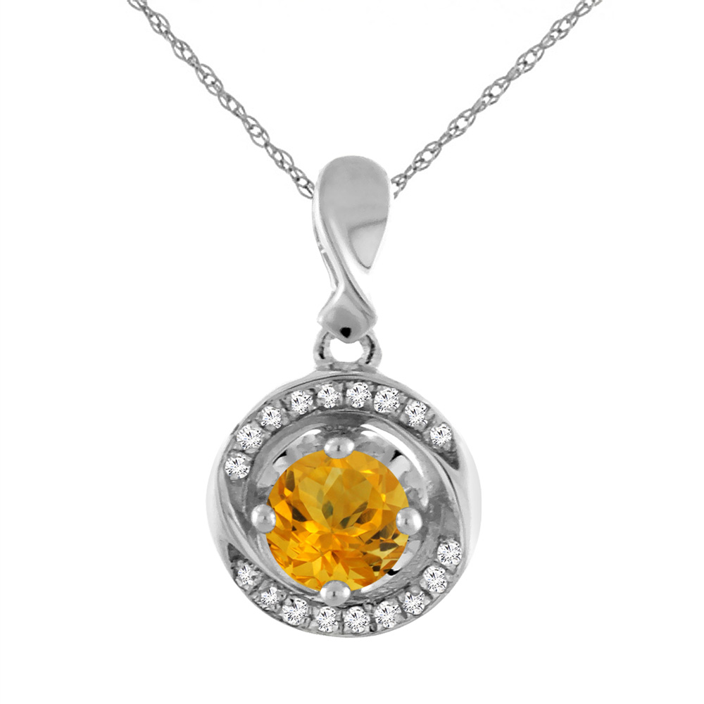 14K WHITE GOLD NATURAL CITRINE NECKLACE WITH DIAMOND ACCENTS ROUND 4 MM