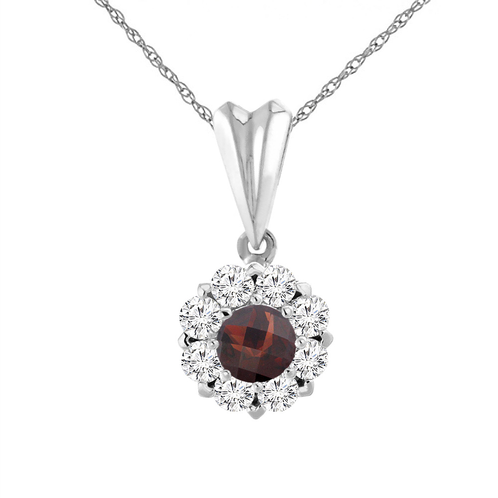 14K White Gold Natural Garnet Necklace with Diamond Halo Round 6 mm