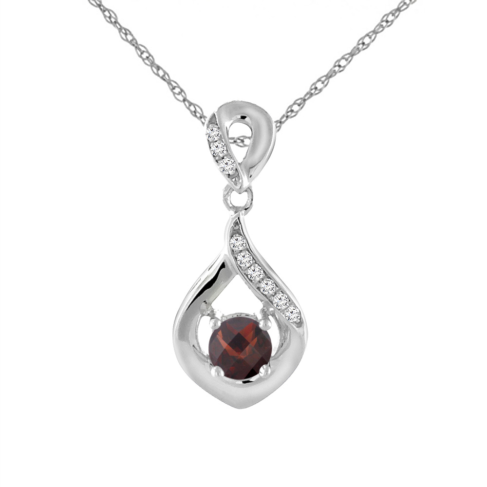 14K WHITE GOLD NATURAL GARNET NECKLACE WITH DIAMOND ACCENTS ROUND 4 MM