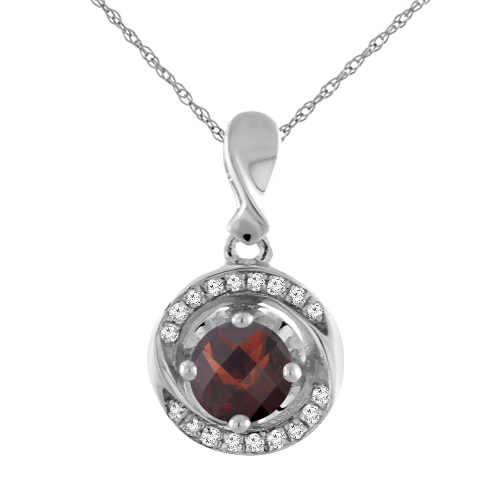 14K White Gold Natural Garnet Necklace with Diamond Accents Round 4 mm