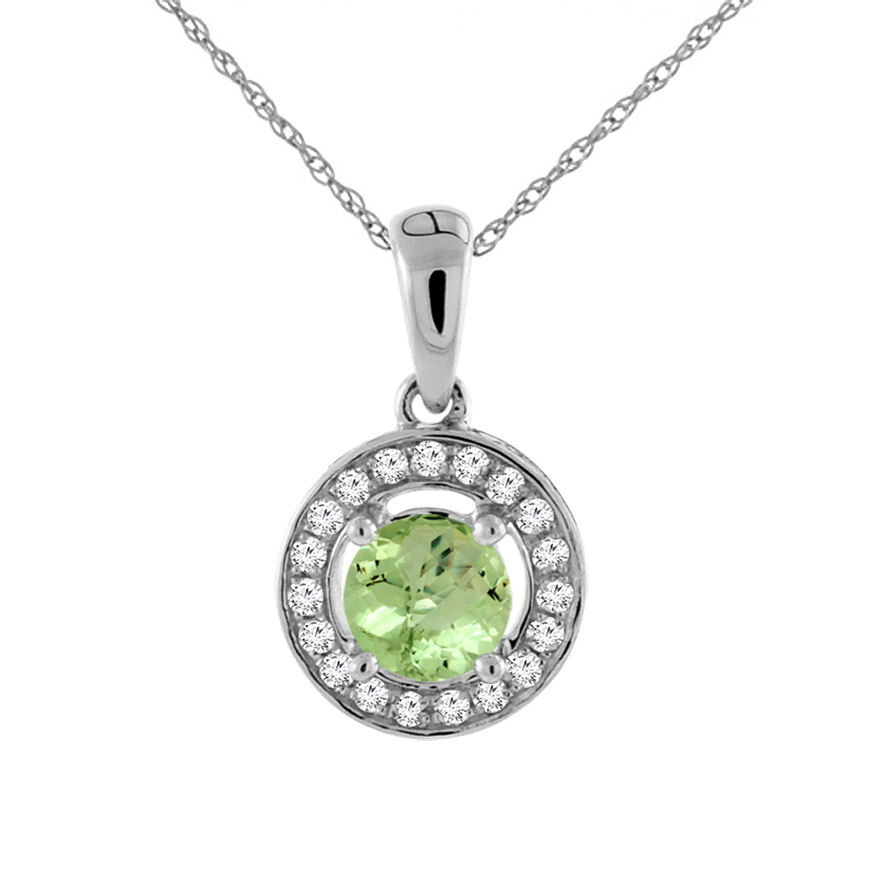 14K White Gold Natural Peridot Necklace with Diamond Halo Round 5 mm