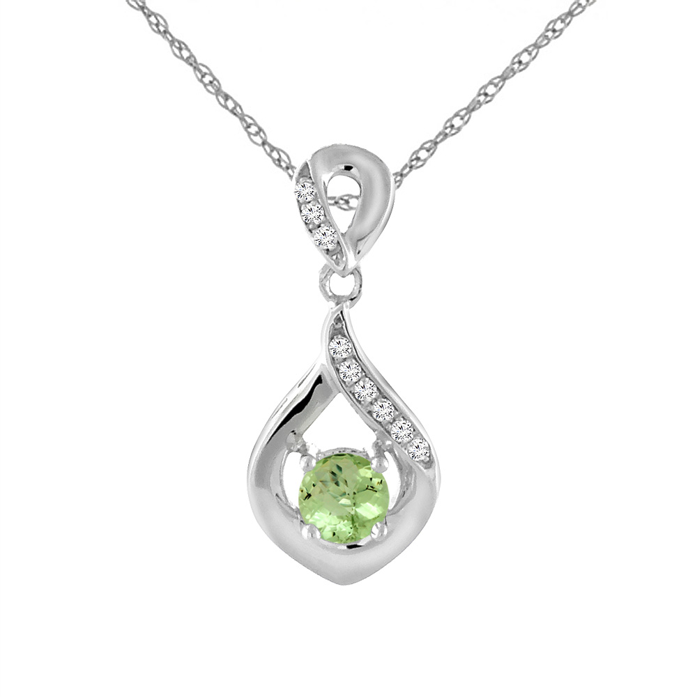 14K WHITE GOLD NATURAL PERIDOT NECKLACE WITH DIAMOND ACCENTS ROUND 4 MM