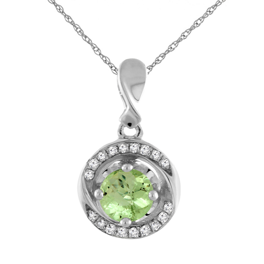 14K WHITE GOLD NATURAL PERIDOT NECKLACE WITH DIAMOND ACCENTS ROUND 4 MM