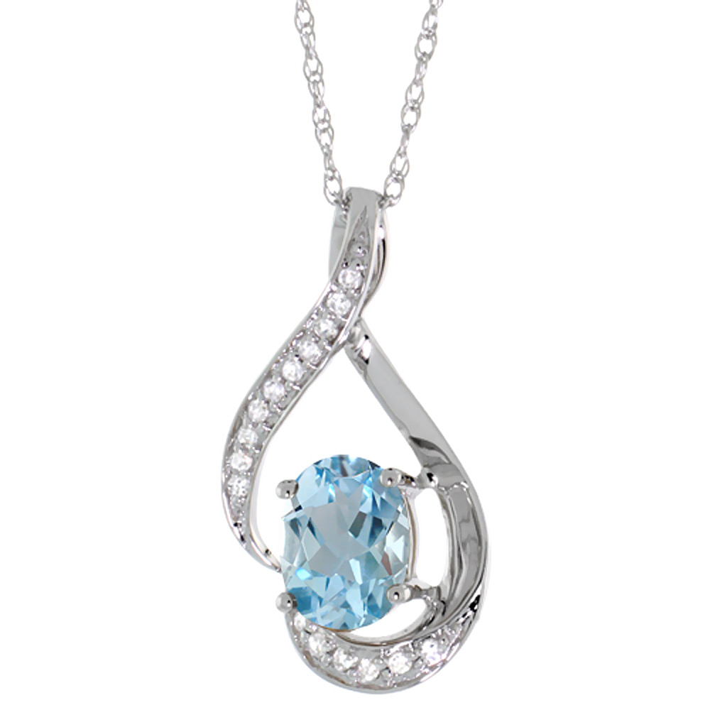 14K White Gold Diamond Natural Aquamarine Necklace Oval 7x5 mm, 18 inch long