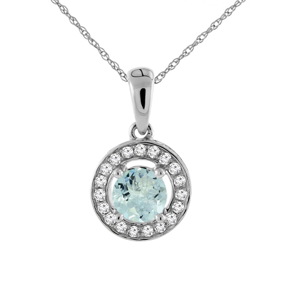 14K WHITE GOLD NATURAL AQUAMARINE NECKLACE WITH DIAMOND HALO ROUND 5 MM