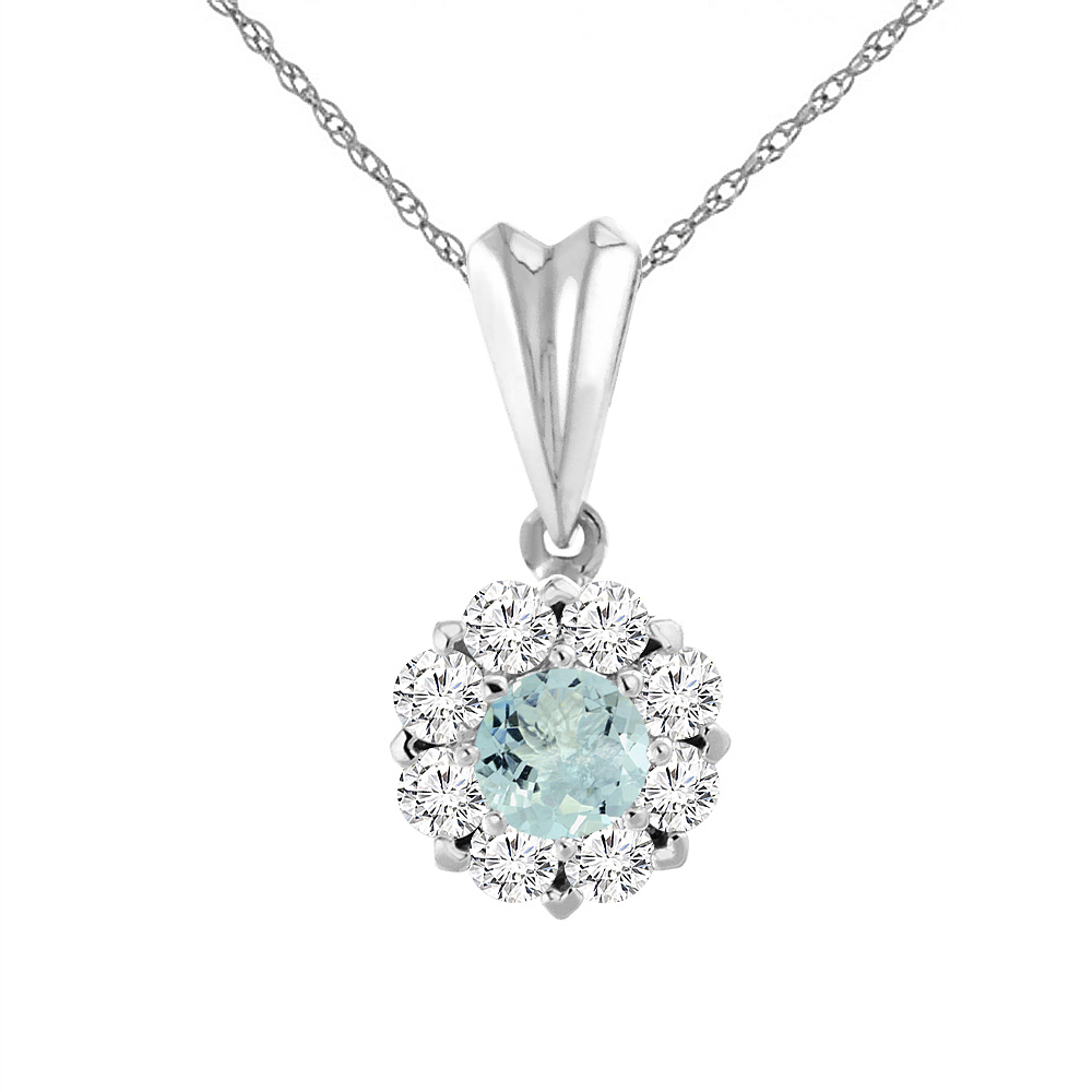 14K WHITE GOLD NATURAL AQUAMARINE NECKLACE WITH DIAMOND HALO ROUND 6 MM