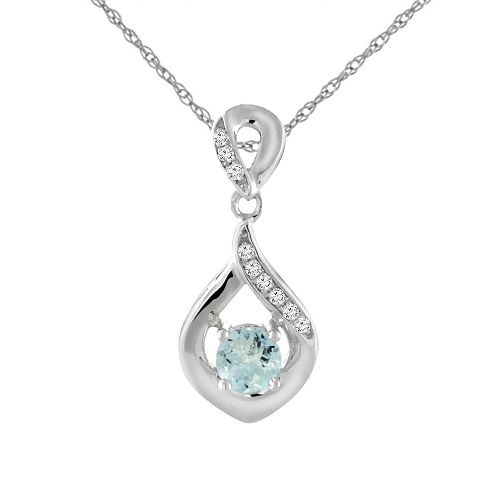 14K White Gold Natural Aquamarine Necklace with Diamond Accents Round 4 mm