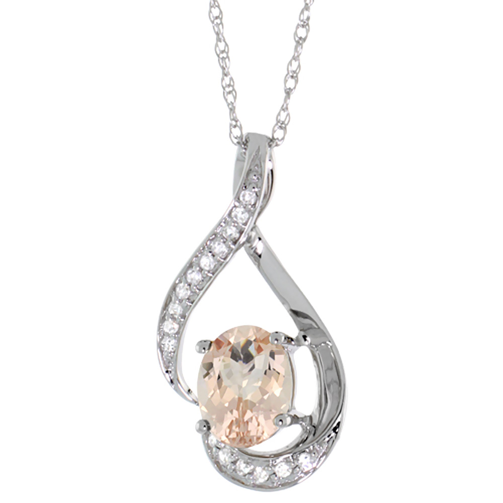 14K WHITE GOLD DIAMOND NATURAL MORGANITE NECKLACE OVAL 7X5 MM, 18 INCH LONG