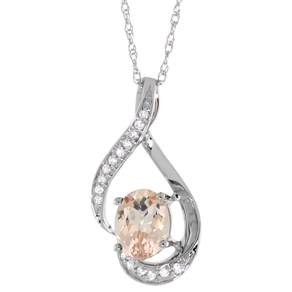 14K White Gold Diamond Natural Morganite Necklace Oval 7x5 mm, 18 inch long